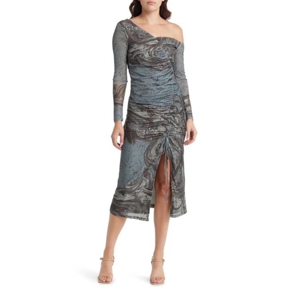MOON RIVER Women’s XS Dimaru Ruched Long Sleeve Midi Dress In Sage Multi NWOT
